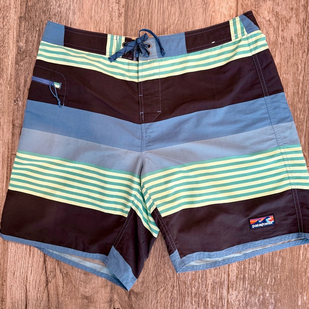 Patagonia Men's Wavefare Swim Shorts Striped- Black, Blue, and Green 9” inseam